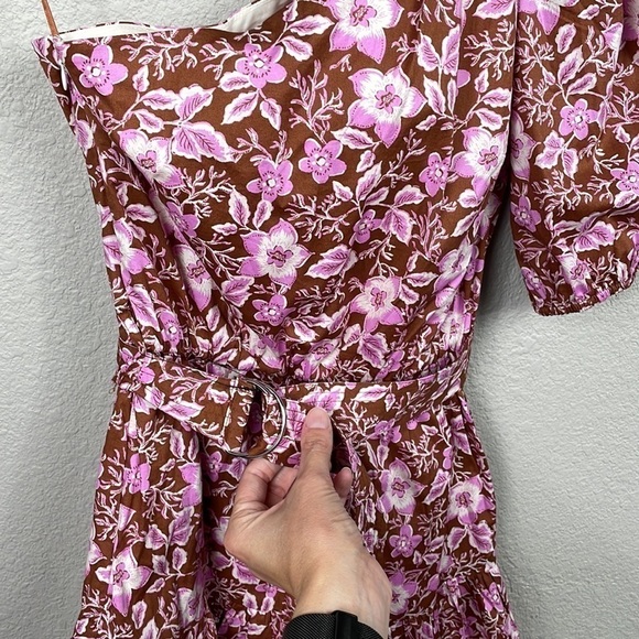 New Jason Wu One Shoulder Puff Sleeve Floral Belted Mini Dress Pink Tan XS - Picture 4 of 13